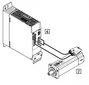 Image d'un moteur et de son contrôleur connecté par deux câbles.