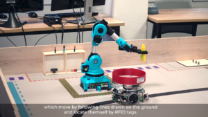 Application Niryo à l'institut supérieur de l'électronique et du numérique, un robot Niryo dépose un produit dans un AGV. Niryo est une startup robotique qui ambitionne de démocratiser la robotique.